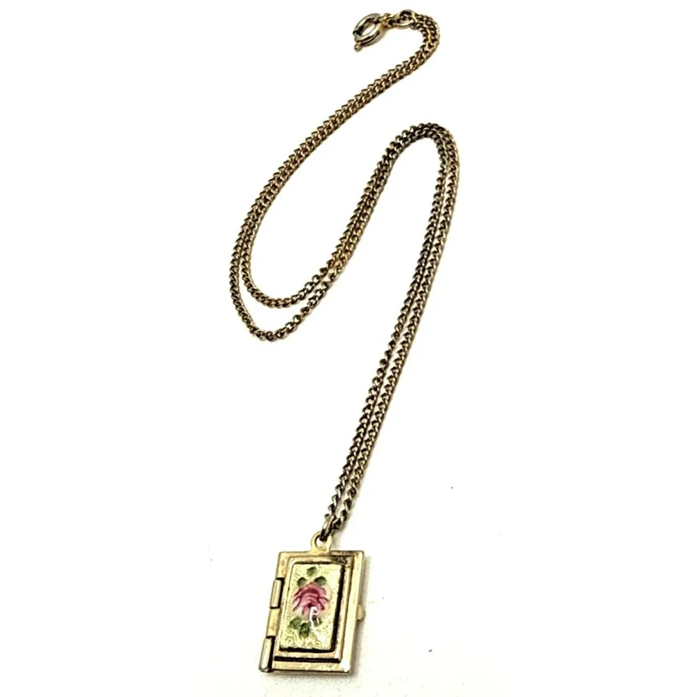 Vintage Guilloche Enamel Locket Necklace Child Size Rose Design Gold Tone 15